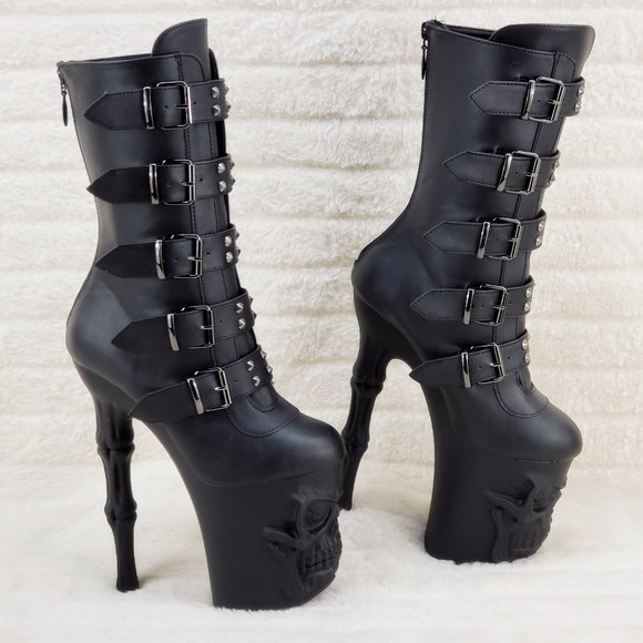 Skull & Bones Platform 8" Heel Mid Calf Boots Multiple Straps Vortex - Picture 3 of 16